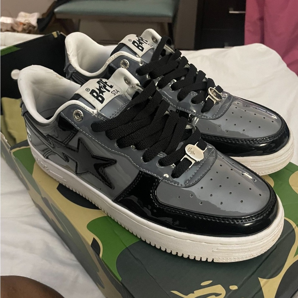 Bape Men's Glossy Black and Gray Sneakers
